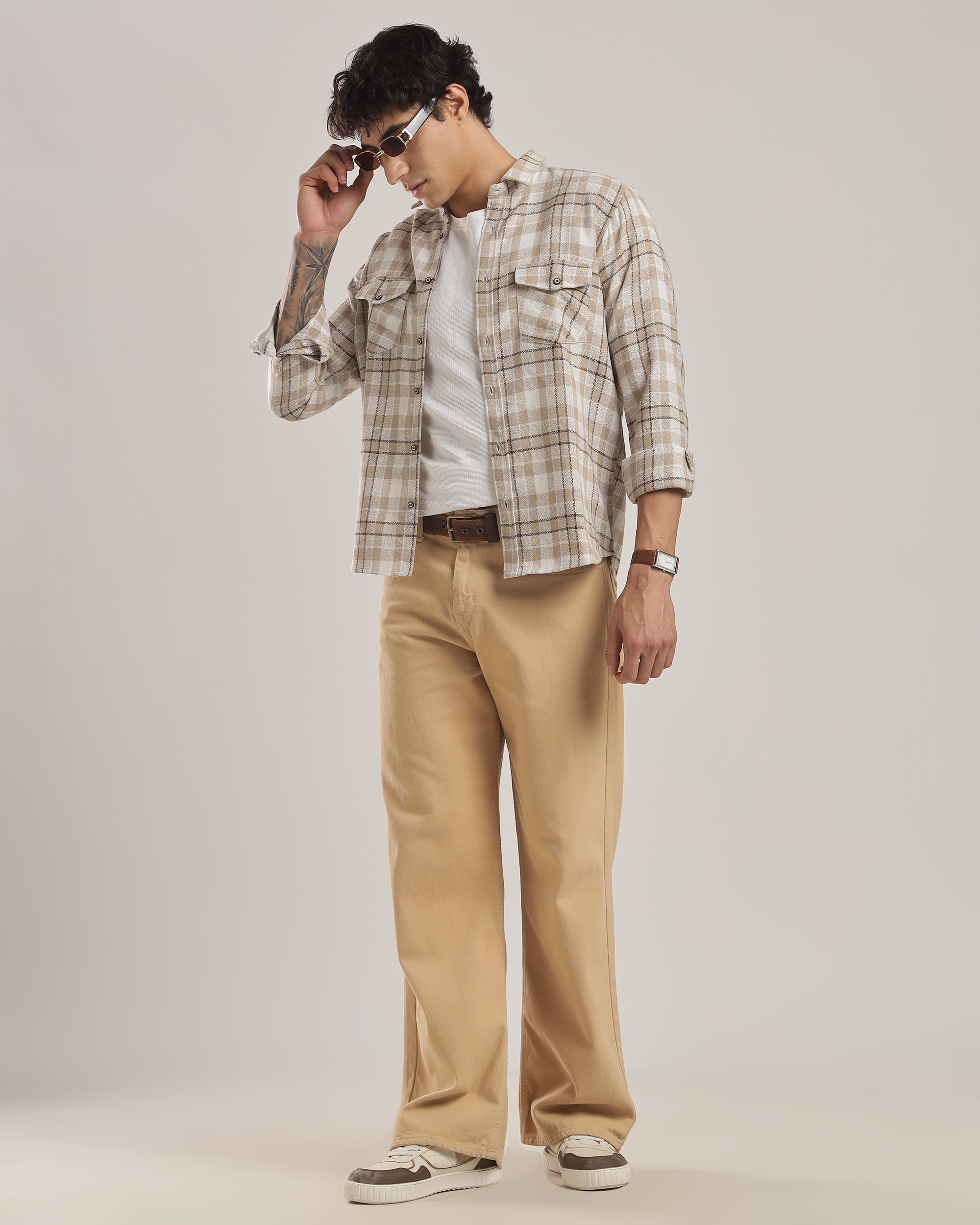 Casual Beige Flannel Check Shirt – Clova Culture