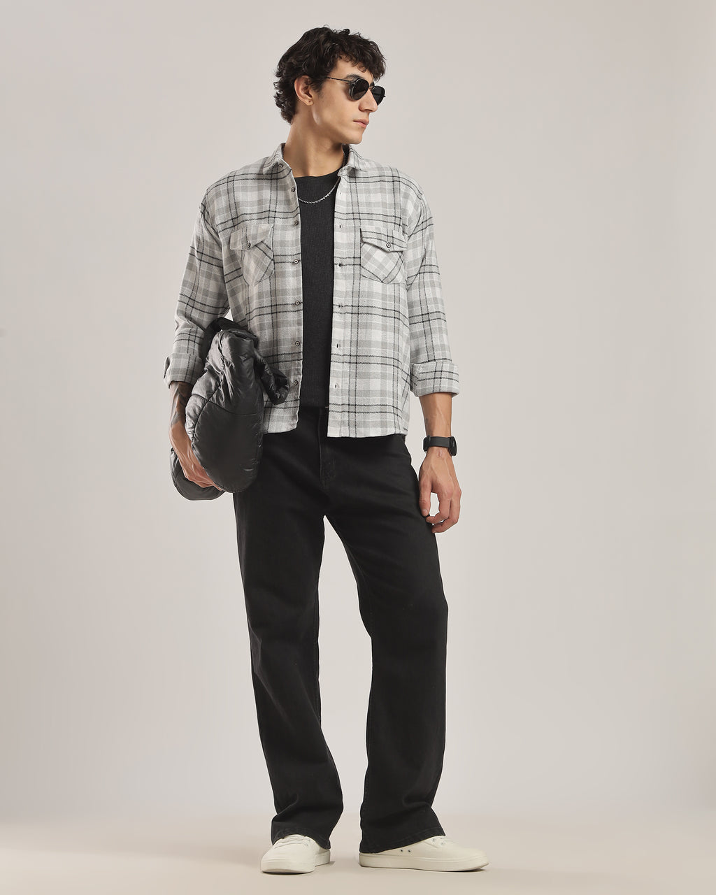 Gray Plaid Cotton Flannel Shirt