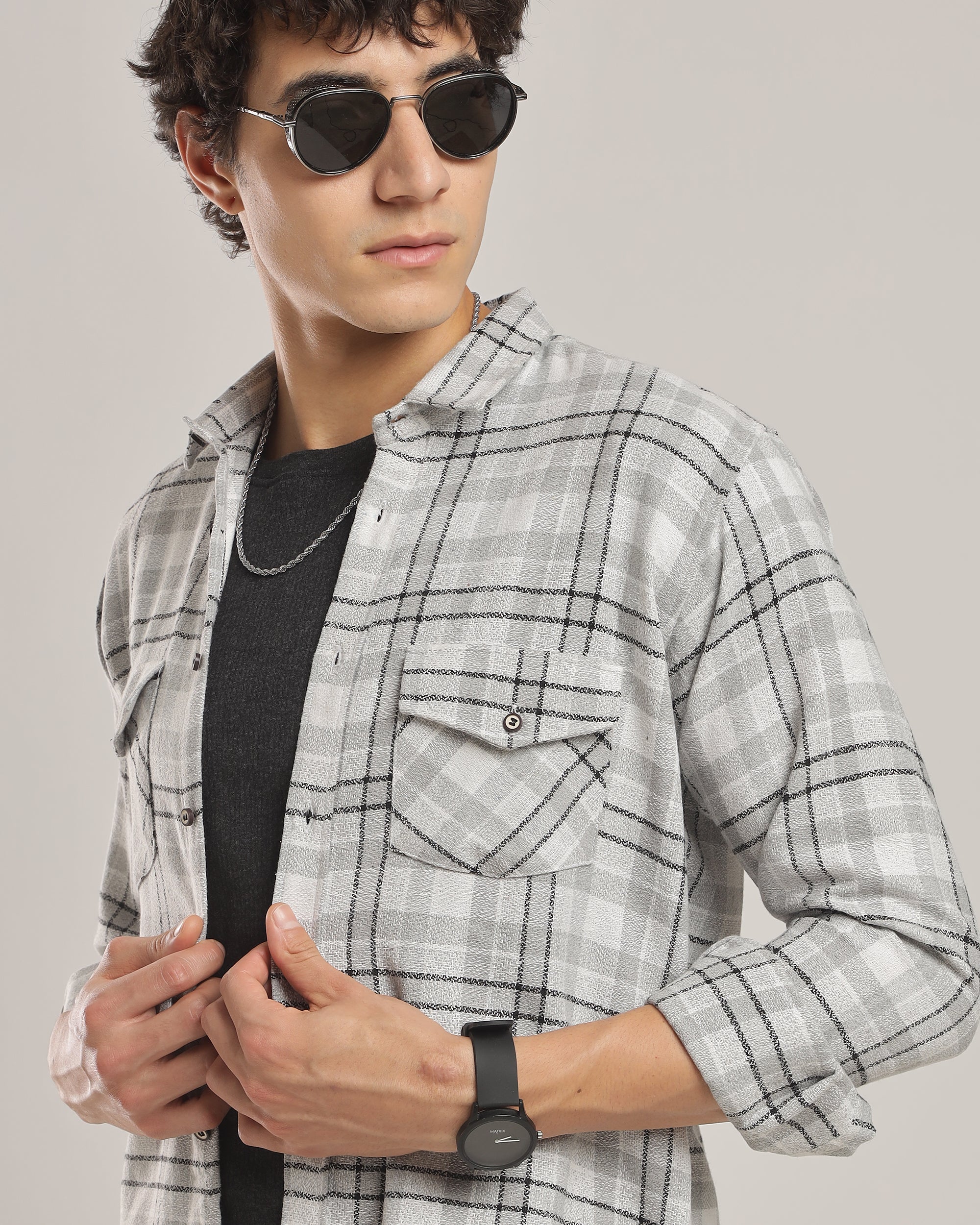 Men’s Grey Check Casual Flannel Shirt