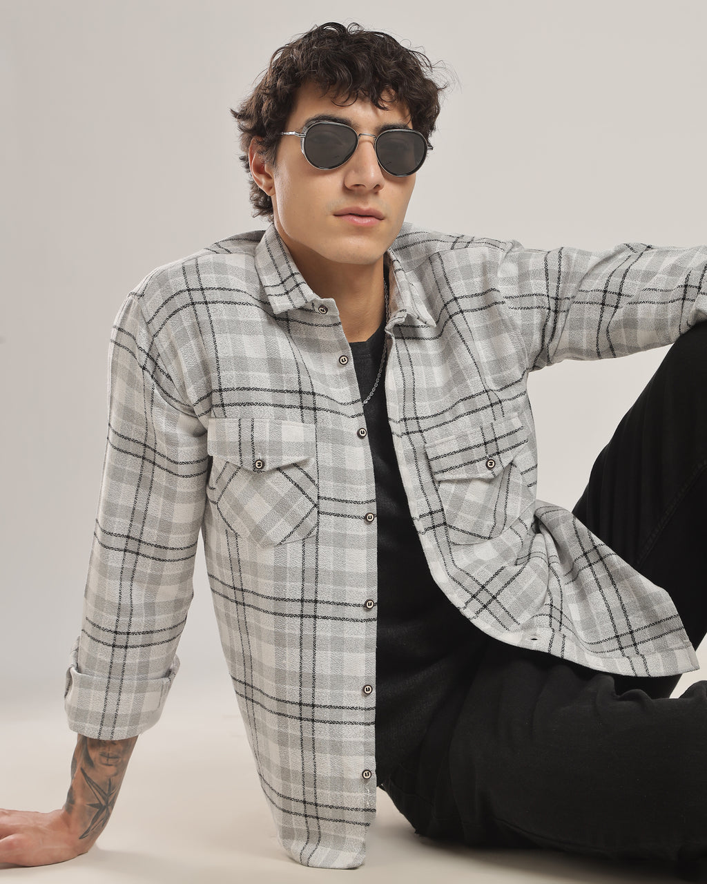 Gray Plaid Cotton Flannel Shirt