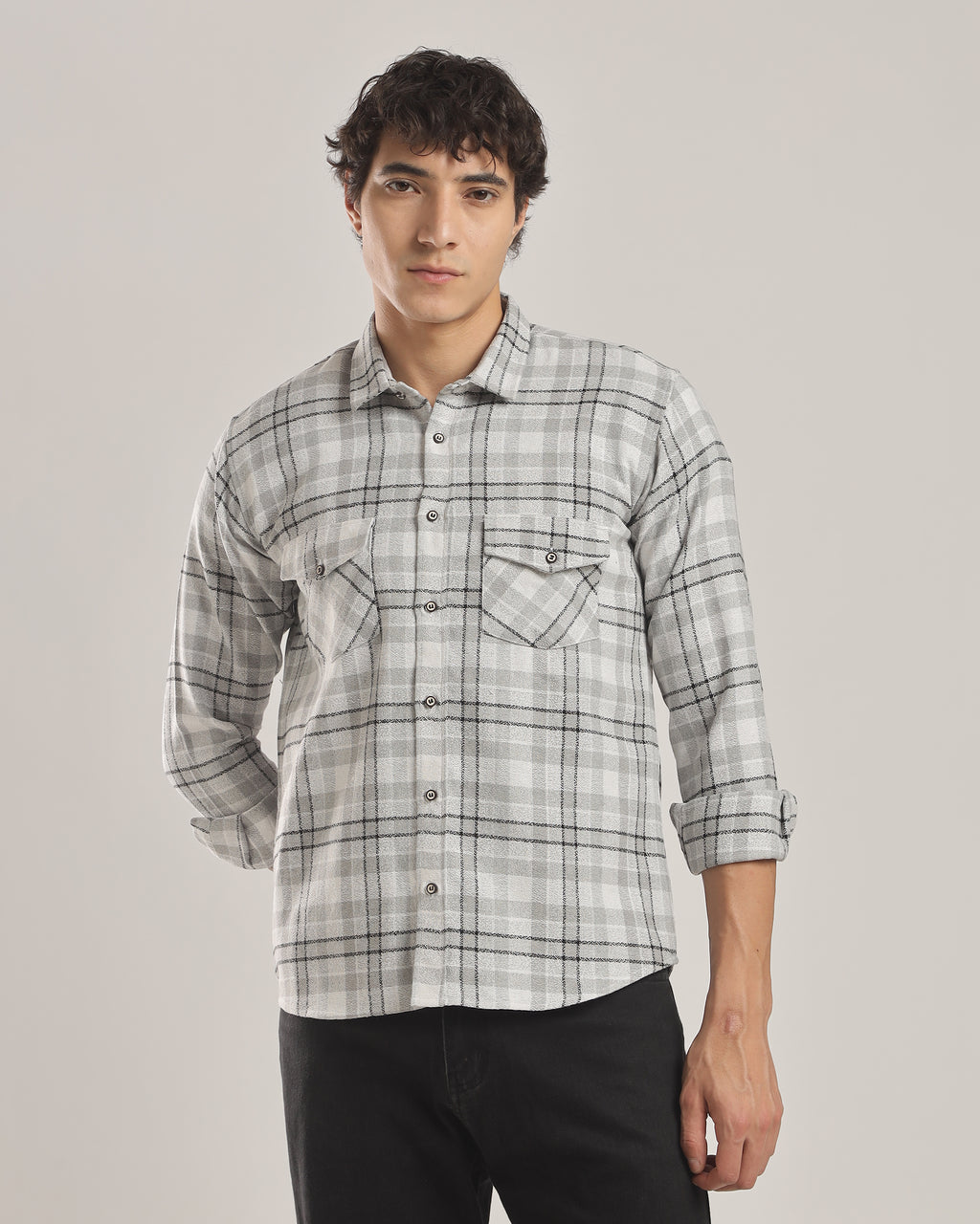 Gray Plaid Cotton Flannel Shirt