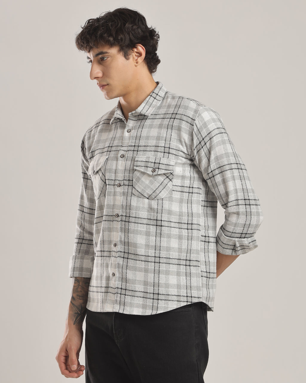Gray Plaid Cotton Flannel Shirt